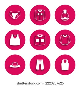 Set Shirt, Pants, Undershirt, Sweater, Man hat, Hoodie and Men underpants icon. Vector