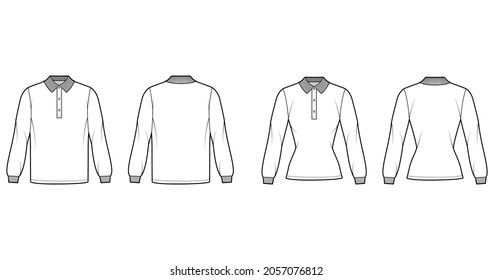 Set von Shirt Polo technische Mode Illustration mit langen Ärmeln, überdimensionierten Körper, Hüftnacken, flacher Strickkragen. Obere Outwear-Vorder, Rückseite, weiße Farbe. Frauen, Männer CAD