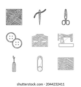 Set Shirt, Safety pin, Textile fabric roll, Sewing machine, Awl tool, button, Scissors and  icon. Vector