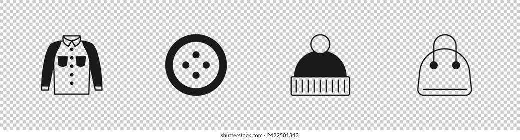 Set Shirt, Sewing button for clothes, Beanie hat and Handbag icon. Vector