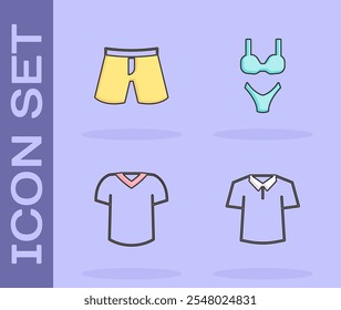 Conjunto de camisa, pantalones cortos o pantalones, camiseta e icono de traje de baño. Vector