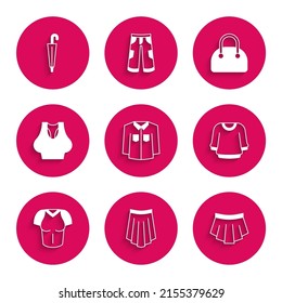 Set Shirt, Skirt, Sweater, T-shirt, Undershirt, Handbag and Umbrella icon. Vector