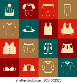 Set Shirt, Skirt, Undershirt, Cycling shorts, Man hat, T-shirt, Winter and  icon. Vector