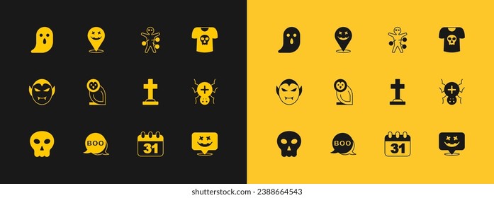 Set Shirt with skull, Boo speech bubble, Tombstone cross, Halloween date 31 october, Owl bird, Voodoo doll, Ghost and Happy holiday icon. Vector