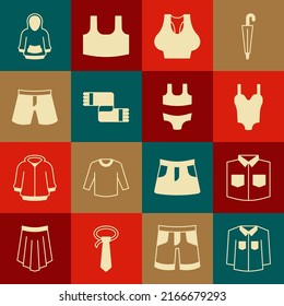 Set Shirt, Swimsuit, Undershirt, Winter scarf, Short or pants, Hoodie and  icon. Vector