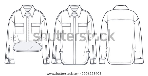 Set of Shirt technical fashion Illustration.
Jackets, Shirts fashion flat technical drawing template,
button-down collar, long sleeve, cutouts, pockets, front, back
view, white, unisex CAD mockup
set.