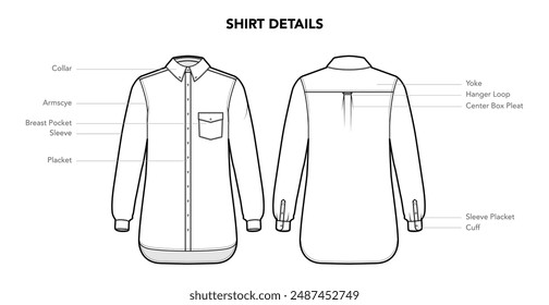 Set of Shirt Top details - Collar, Armscye, Sleeve, Placket styles technical fashion illustration. Flat apparel template front, back view. Women, men unisex CAD mockup isolated on white background