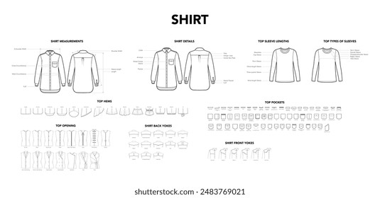 Set of Shirt Top details - Measurement, Opening, Hem Sleeves and Yoke Pockets styles technical fashion illustration. Flat apparel template. Women, men unisex CAD mockup isolated on white background