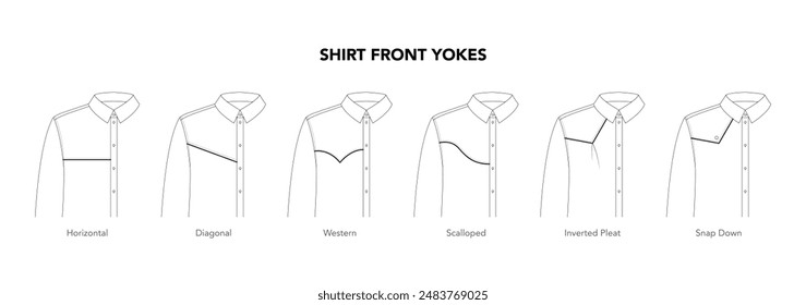 Set of Shirt Top Front Yokes styles - Horizontal, Western, Diagonal, Scalloped, Snap Down technical fashion illustration. Flat apparel template. Women, men unisex CAD mockup isolated on white