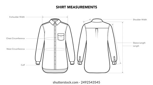 Set of Shirt Top Measurement, Length, Width, Circumference styles technical fashion illustration. Flat apparel template front, back view. Women, men unisex CAD mockup isolated on white background