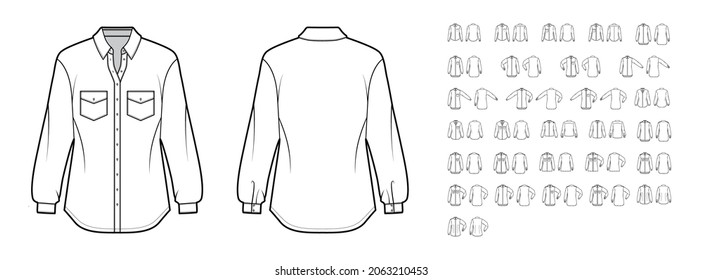 Set Of Shirts Classic Technical Fashion Illustration With Long Sleeves In Different Position, Button Closure. Flat Apparel Top Outwear Template Front, Back, White Color. Women, Men, Unisex CAD Mockup