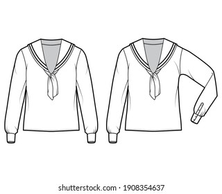 Set of shirts middy sailor suit technical fashion illustration with bow, long sleeves with cuff, tunic length. Flat apparel top outwear blouse template front, white color. Women men unisex CAD mockup