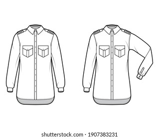 Set of shirts pilot airline technical fashion illustration with chevron, elbow folded long sleeve, angled flap pockets. Flat apparel top outwear template front white color. Women men unisex CAD mockup