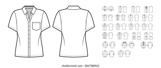 Set of Shirts short sleeves technical fashion illustration with sleeveless, button closure, oversized, fitted. Flat apparel top outwear template front, back, white color. Women, men, unisex CAD mockup