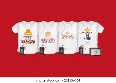 Set of shirts with text and labels. Grandparent's day. Vector illustration