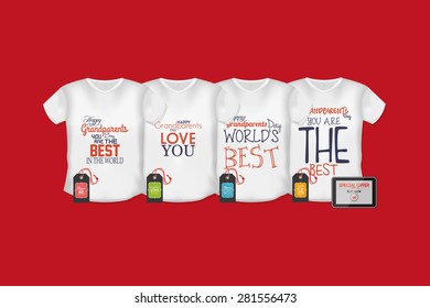 Set of shirts with text and labels. Grandparent's day. Vector illustration