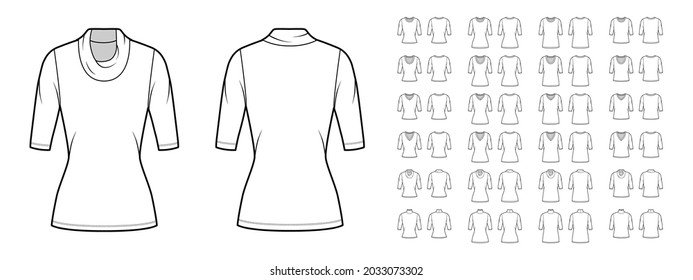 Juego de camisas top ilustración técnica de moda con cuerpo sobredimensionado, cuello de tortuga, vaquero, ovalado, cuello de V, mangas codo. Plantilla de ropa plana frontal, posterior, color blanco. Mujeres, hombres se burlan de CAD