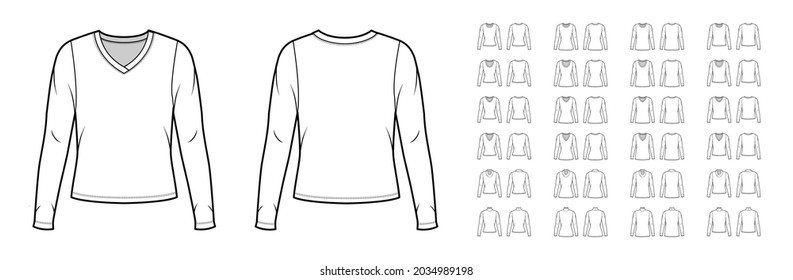 Set of shirts tops technical fashion illustration with fitted oversized body, scoop turtleneck, cowl, oval, V-neck, long sleeves. Flat apparel template front, back, white color. Women, men CAD mockup