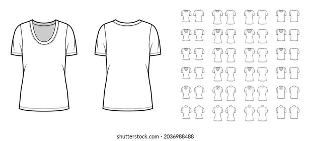 Set of shirts tops technical fashion illustration with fitted oversized body, scoop turtleneck, cowl, oval, V-neck, short sleeves. Flat apparel template front, back, white color. Women, men CAD mockup
