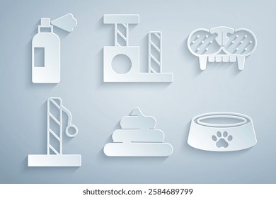 Set Shit, Cat tooth, scratching post, Pet food bowl,  and shampoo icon. Vector