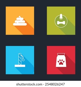 Conjunto de mierda, collar de perro, poste de rascado de gato y bolsa de comida para icono de mascota. Vector