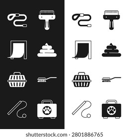 Set Shit, Door for pet, Retractable cord leash, Hair brush dog and cat, Pet carry case, first aid kit and toy icon. Vector