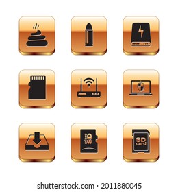 Set Shit, Download inbox, tarjeta de memoria Micro SD, Router y wi-fi, e icono de banco de energía. Vector