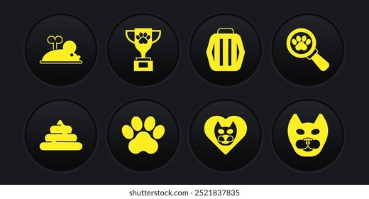 Conjunto de mierda, clínica veterinaria, huella de pata, corazón con gato, maletín para mascotas, premio, gato y ratón de relojería icono. Vector