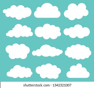 Set of shite sky, clouds. Cloud icon, cloud shape. Set of different clouds. Collection of cloud, shape, label, symbol. Graphic element vector. Vector design element for web and print.