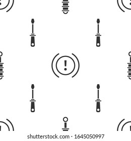 Set Shock absorber, Brake system warning and Screwdriver on seamless pattern. Vector