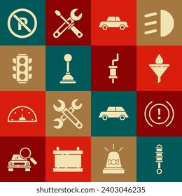 Ajuste el amortiguador, aviso del sistema de frenos, filtro de embudo y caída de aceite del motor, Auto, selector de marcha, semáforo, Sin paro e icono del silenciador. Vector