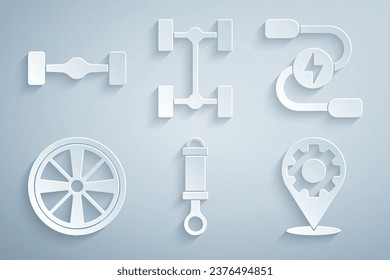 Ajuste el amortiguador, el cable de alimentación del puente de la batería del coche, la rueda de aleación, el servicio, el coche del chasis y el icono. Vector