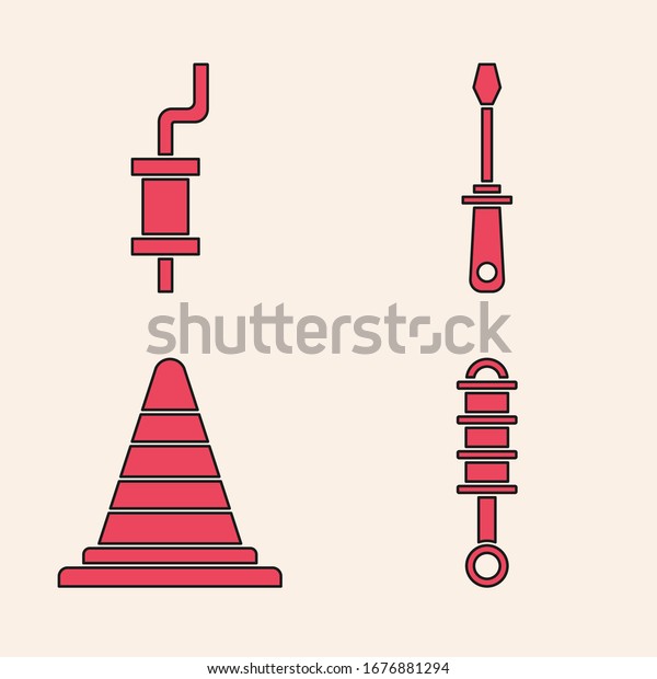 Set Shock absorber, Car muffler, Screwdriver and\
Traffic cone icon. Vector