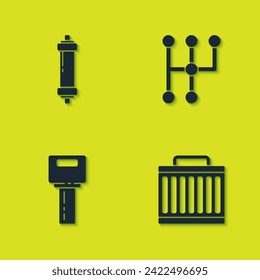 Set Shock absorber, Car radiator cooling system, key with remote and Gear shifter icon. Vector