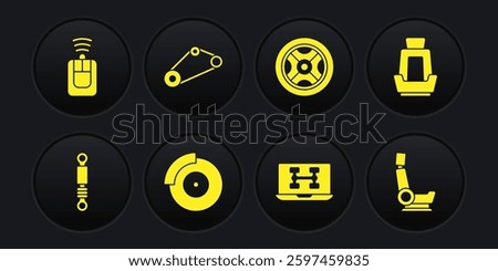 Set Shock absorber, Car seat, brake disk with caliper, Diagnostics condition of car, wheel, Timing belt kit,  and key remote icon. Vector