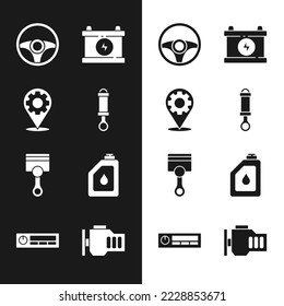 Set Shock absorber, Car service, Steering wheel, battery, Engine piston, Canister for motor oil, Check engine and Audio icon. Vector