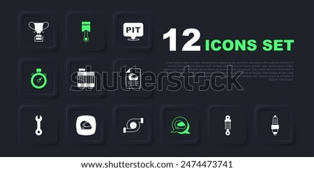Set Shock absorber, Car spark plug, radiator cooling system, Racing helmet, Stopwatch, Engine piston and Automotive turbocharger icon. Vector