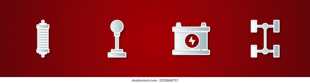 Set Shock absorber, Gear shifter, Car battery and Chassis car icon. Vector