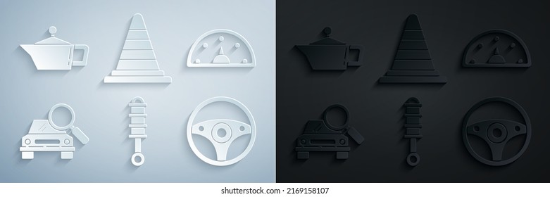 Set Shock absorber, Speedometer, Car search, Steering wheel, Traffic cone and Canister for motor machine oil icon. Vector