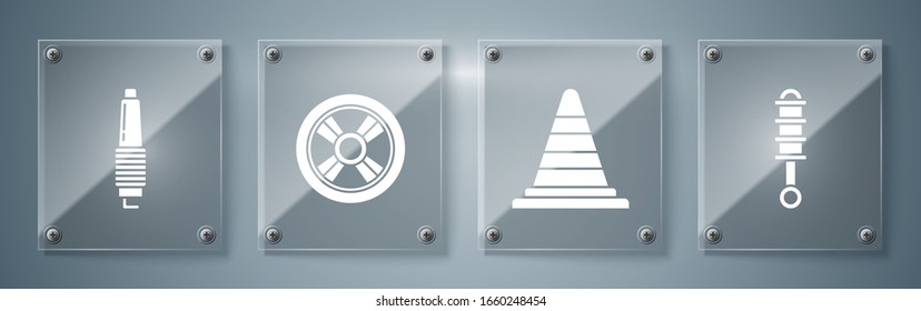 Set Shock absorber, Traffic cone, Car wheel and Car spark plug. Square glass panels. Vector