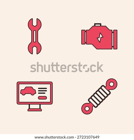Set Shock absorber, Wrench spanner, Check engine and Diagnostics condition of car icon. Vector