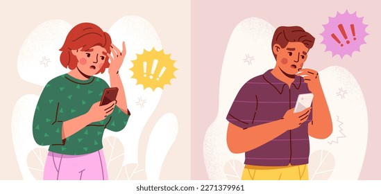 Set of shocked people with smartphones. Young Men and women hold phones and surprised by read message or unexpected news. Confused amazed characters. Cartoon flat vector illustration collection