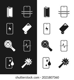 Set Shockproof phone, Mobile charging battery, Glass screen protector, Waterproof, System bug, Phone repair service, Hammer and  icon. Vector