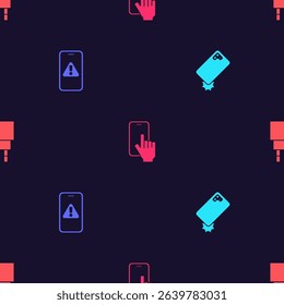 Set Shockproof phone, Mobile with exclamation mark, Phone repair service and Charger on seamless pattern. Vector