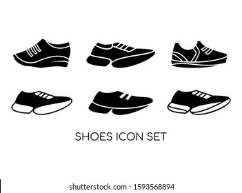 Set of Shoe Icon with Black Modern Concept Isolated on White Background. Consist of Six Shoe Icon Image. Suitable for Sport, Fashion Symbol and more. Vector Illustration
