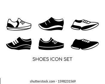 Set of Shoe Icon with Black Modern Concept Isolated on White Background. Consist of Six Shoe Icon Image. Suitable for Sport, Fashion Symbol and more. Vector Illustration