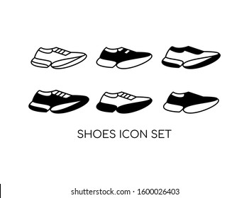 Set of Shoe Icon with Black Modern Concept Isolated on White Background. Consist of Six Shoe Icon Image. Suitable for Sport, Fashion Symbol and more. Vector Illustration