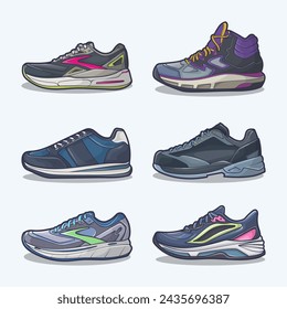 Conjunto de dibujos animados del icono del zapato, diseño plano del concepto del vector. Ilustración vectorial Zapatillas de deporte en estilo plano.