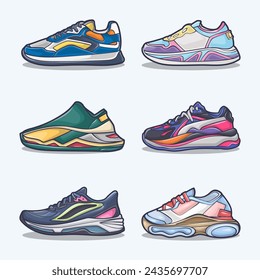 Set von Schuh-Ikone Cartoon, Vector Concept Flat Design. Vektor-Illustration Sneaker im flachen Stil. Vektor Sneaker Schuhe Seitenansicht.