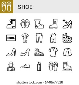 Set of shoe icons such as Flip flops, Boots, Sandal, Shoes, High heels, Doormat, Neoprene, Trousers, Clothes, Ice skate, Sneakers, Blouse, Skirt, Shoemaker, Overall, Ice skating , shoe